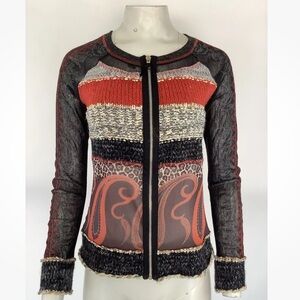 LULU H Sz M Y2K Mesh Crochet Zip Blouse Multicolor Long Sleeve 00's Style